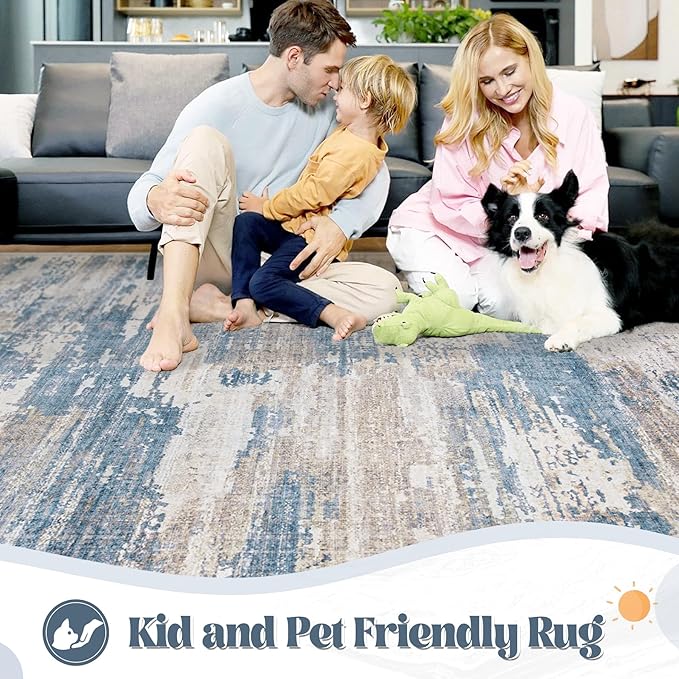 9x12 Area Rug for Living Room, Washable Modern Abstract Large Area Rug Neutral Soft Non Slip Kids Rug Stain Resistant Indoor Carpet for Bedroom Dining Room Playroom Office(BlueBeige, 9'x12')