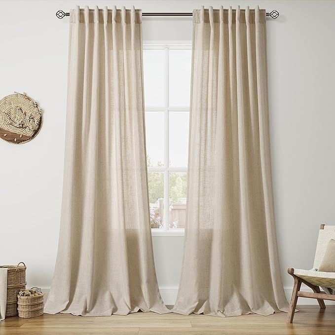 Nanspring Taupe Burlywood Curtains 96 Inches Long for Living Room Flax Linen Light Filtering Country Farmhouse Decor Curtains Back Tab Privacy Semi Sheer Curtain for Bedroom 52x96, 2 Panels