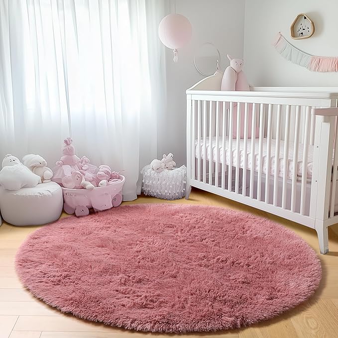 ONASAR Blush Round Area Rugs 4ft for Bedroom Living Room, Fluffy Circle Rug for Kids Girls Boys Teen, Soft Plush Shaggy Carpet for Nursery Dorm Classroom Playroom Home Decor Aesthetic