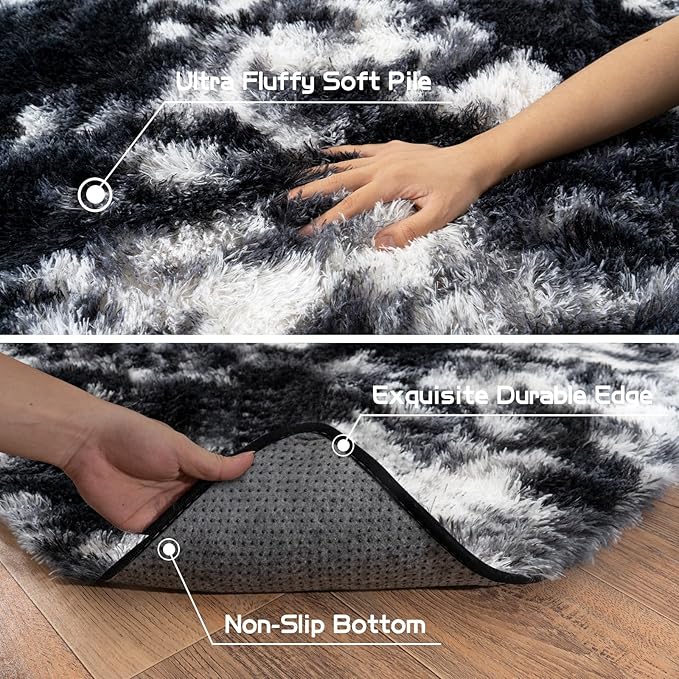Pionblank Large Area Rug for Living Room 10x14, Fuzzy Modern Shag Rug, Fluffy Plush Non Slip Soft Furry Carpet for Bedroom Kids Room Nursery Teens Dorm Home Decor, Black White