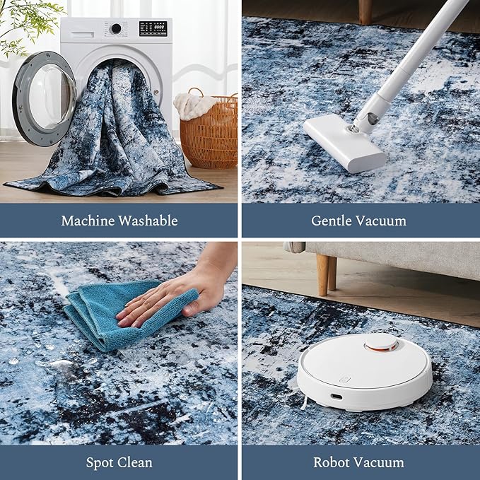 Rugflix Round Area Rugs 6Ft for Living Room, 6x6 Washable Rug Stain-Resistant Low Pile, Modern Dark Carpet for Dining Room Home Office Kid Room Nursery Bedroom, Navy Blue/Black