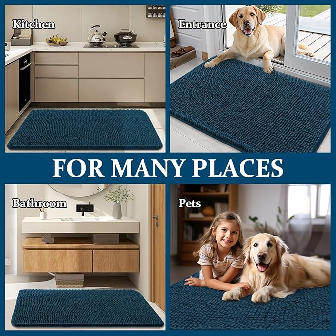 OLANLY Dog Door Mat for Muddy Paws 32x20, Absorbs Moisture and Dirt, Absorbent Non-Slip Washable Doormat, Quick Dry Chenille Mud Mat, Entry Indoor Entryway Carpet for Inside Floor, Atlantic Blue
