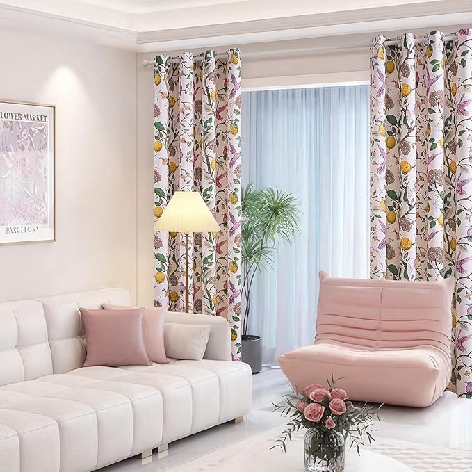 Topfinel Pink Window Curtains 96 Inch Long Cute Heat Block Vintage Farmhouse Elegant Whimsical Floral Hummingbird Dusty Rose Drapes Sound Dampening Curtains for Girls Kids Room Living Room 2 Panels