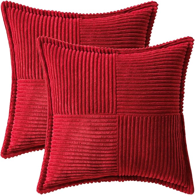 MIULEE Decorative Euro Sham Throw Pillow Covers for Couch Bed Livingroom 24x24 Inch Set of 2 Red Boho Accent Throw Pllows Broadside Striped Patchwork Soft Corduroy Pillowcases