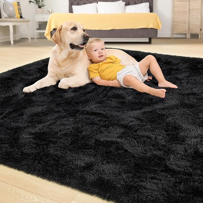 Tepook Super Soft Fluffy Rug for Bedroom, Modern Shaggy Fuzzy Kids Rugs for Living Room, Plush Indoor Nursery Home Decor Dorm Carpet with Non-Slip Bottom, Black, 5 X 8 Feet