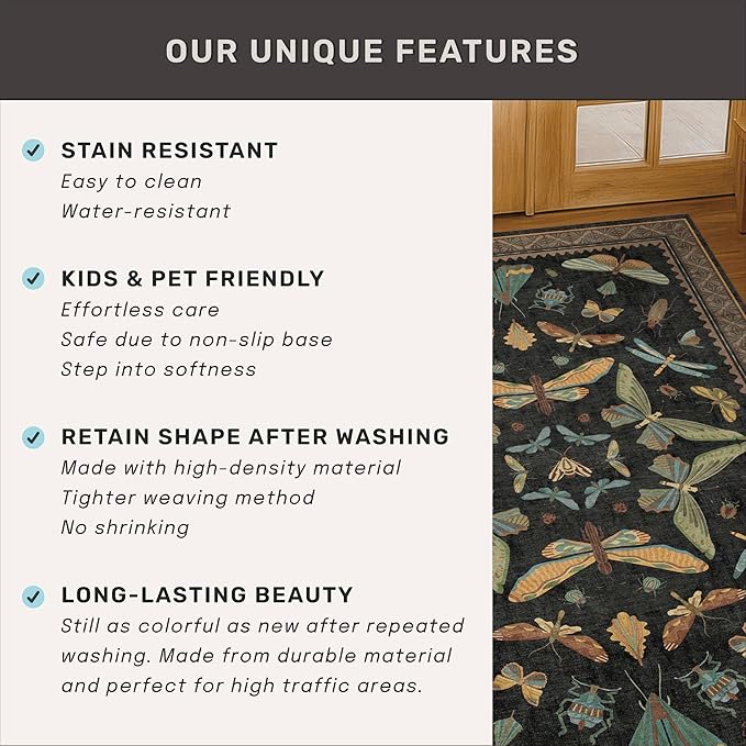 Green and Black 3x12 Long Runner Rugs for Hallway - Boho Door Rugs for Entryway Indoor Washable, 12ft Nature Insect Stain Resistant Kitchen Carpet, Low Pile & Soft Indoor Décor