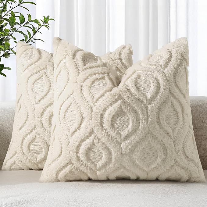 decorUhome Throw Pillow Covers 22x22 Inch Set of 2, Soft Plush Faux Wool Beige Solid Couch Pillow Covers, Accent Euro Sham Farmhouse Neutral Square Pillow Cases for Sofa Bed Living Room
