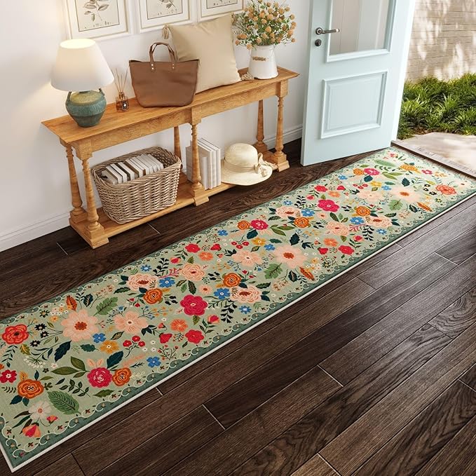 Rugcomf Long Hallway Runner Rug 2'7"x14' - Floral Washable Non Slip Boho Carpet for Kitchen, Entryway, Hall, Bathroom - Green
