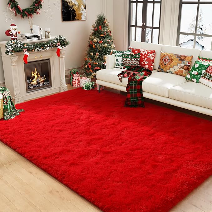 Amearea Shag Fluffy Area Rug for Bedroom Girls Living Room, Extra Soft and Fuzzy Shaggy Rugs, Non Slip, Solid Color Carpet Mat for Boys Nursery Home, Red 6x9 Feet