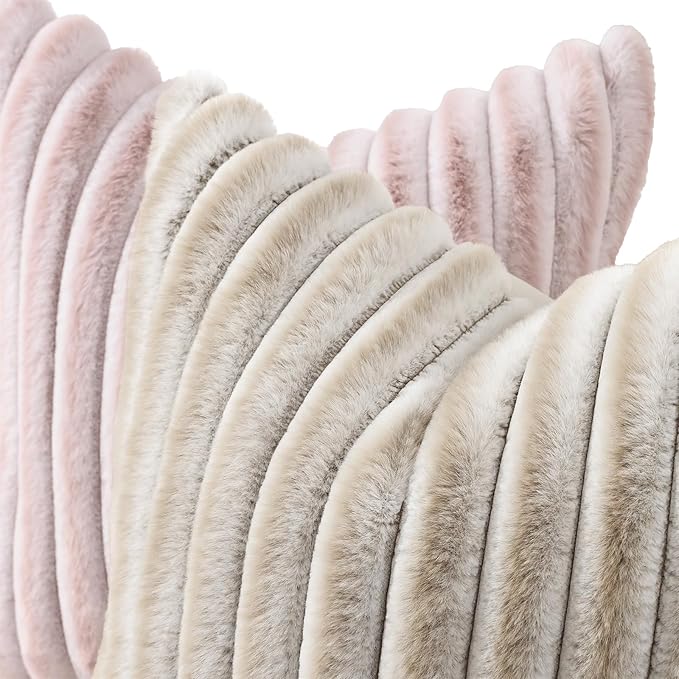 decorUhome Summer Cozy Faux Fur Throw Pillow Covers 24x24 Set of 2 Decorative Plush Striped Modern Farmhouse Boho Couch Euro Sham Pillow Cases with Velvet Back for Sofa Bed Living Room, Beige White