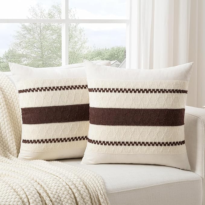 Fancy Homi Set of 1 Boho Brown Big Decorative Throw Pillow Cover 24x24 Inch for Couch Bed Bedroom, Aesthetic Modern Organic Farmhouse Room Decor, Soft Cotton Accent Macrame Woven Cushion Case