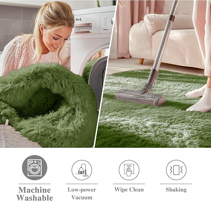 OLANLY Green Round Rugs for Bedroom - Machine Washable, 4 ft Circle Area Rugs for Living Room, Soft and Fluffy Shaggy Carpet for Teen Girl and Boys, Nursery Rooms, Dorms, Home Decor Aesthetic