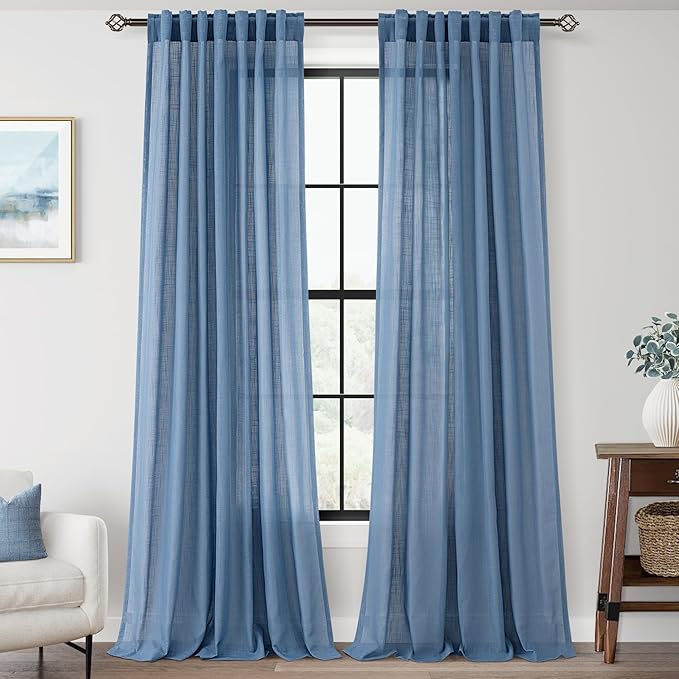 Denim Blue Curtains for Living Room Back Tab Modern Farmhouse Semi Sheer Blue Curtains 100 inches Long 2 Panels Set Muted Neutral Window Curtain for Dining Room Bedroom 52x100