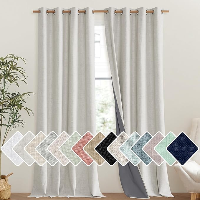 NICETOWN Snowbound Vintage Linen 100% Blackout Curtains for Living Room, Thermal Insulated Curtains 95" Long, Noise Reducing Window Treatment Drapes for Bedroom, 52" Wide Per Panel, Set of 2