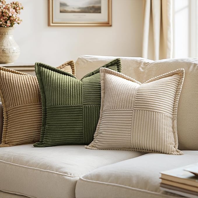 MIULEE Decorative Throw Pillow Covers for Couch Bed Livingroom 18x18 Inch Set of 2 Beige Boho Accent Throw Pllows Broadside Striped Patchwork Soft Corduroy Pillowcases
