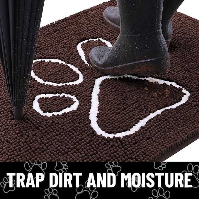 Smiry Dog Door Mat for Muddy Paws, Absorbent Dirt Trapper Non Slip Quick Dry Washable Chenille Mat for Mud Dogs, Entry Rug for Indoor and Outdoor (40x32 Inches, Brown and White)