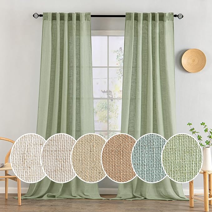 MIULEE Sage Green Linen Curtains 120 Inches Long for Bedroom Living Room, Soft Thick Linen Textured Window Drapes Semi Sheer Light Filtering Back Tab Rod Pocket Burlap Look Decor, 2 Panels 10 Ft
