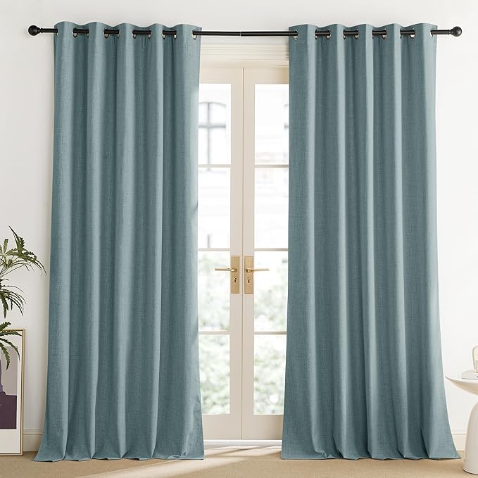 NICETOWN 100% Absolutely Blackout Linen Curtains with Thermal Insulated Liner, Skylark Blue, 62" Wide, 108" Length Energy Saving Curtains for Living Room 2 Panels Set, Vertical Blinds