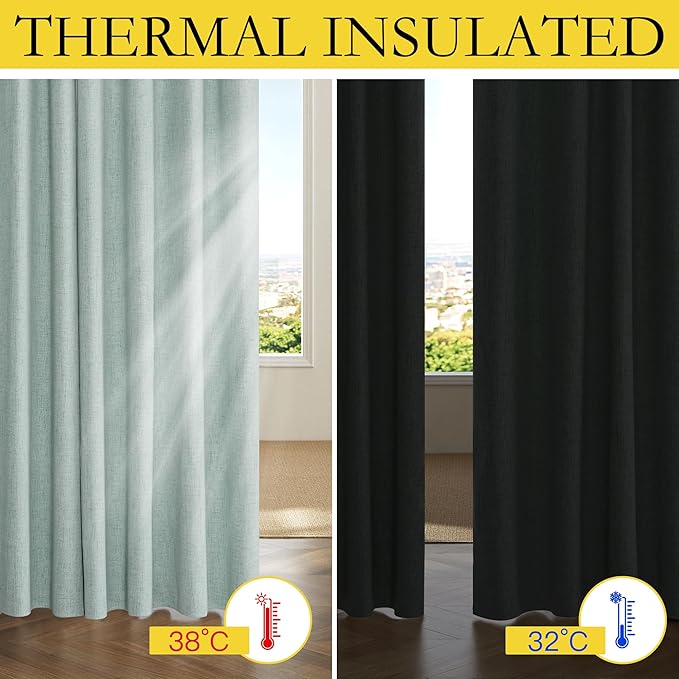 NICETOWN 100% Absolutely Blackout Linen Curtains with Thermal Insulated White Liner, Seafoam Green, 52" Wide, 72" Length Energy Saving Curtains for Living Room 2 Panels Set, Vertical Blinds