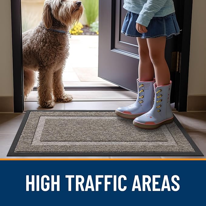 OLANLY Front Door Mat Indoor Outdoor Entrance, Waterproof All-Season, All-Weather Doormat, Sturdy Natural Rubber, Low Profile, Easy Clean Patio Porch Entryway Mat, 35x23, Khaki and White