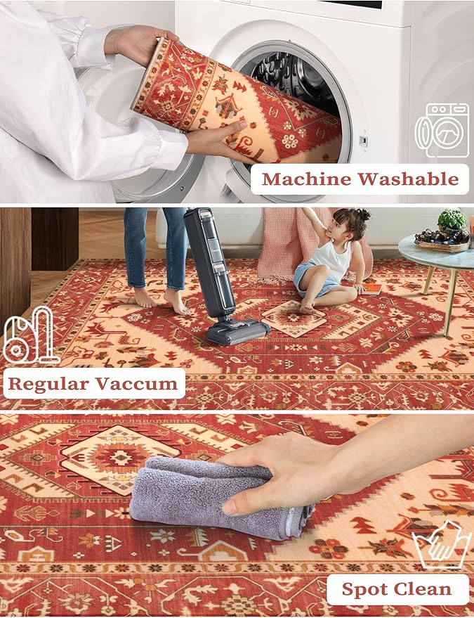 SERISSA Runner Rug for Hallways, 2'6"x10' Washable Non Slip Kitchen Runner Rug, Long Boho Rug Vintage Red Hallway Stair Ultra Soft Print Floor Carpet for Bedroom Bathroom Laundry Room