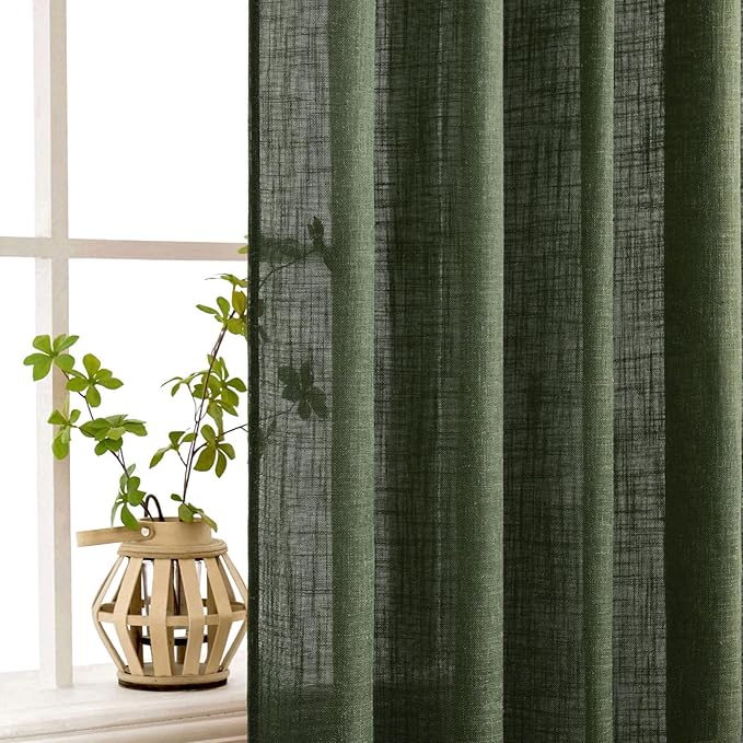 MIULEE Olive Green Linen Curtains 120 Inches Long for Bedroom Living Room, Soft Thick Linen Textured Window Drapes Semi Sheer Light Filtering Back Tab Rod Pocket Burlap Look, 2 Panels