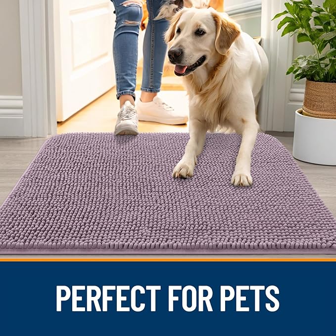 OLANLY Dog Door Mat for Muddy Paws 35x24, Absorbs Moisture and Dirt, Absorbent Non-Slip Washable Doormat, Quick Dry Chenille Mud Mat for Dogs, Entry Indoor Entryway Carpet for Inside Floor, Deep Plum