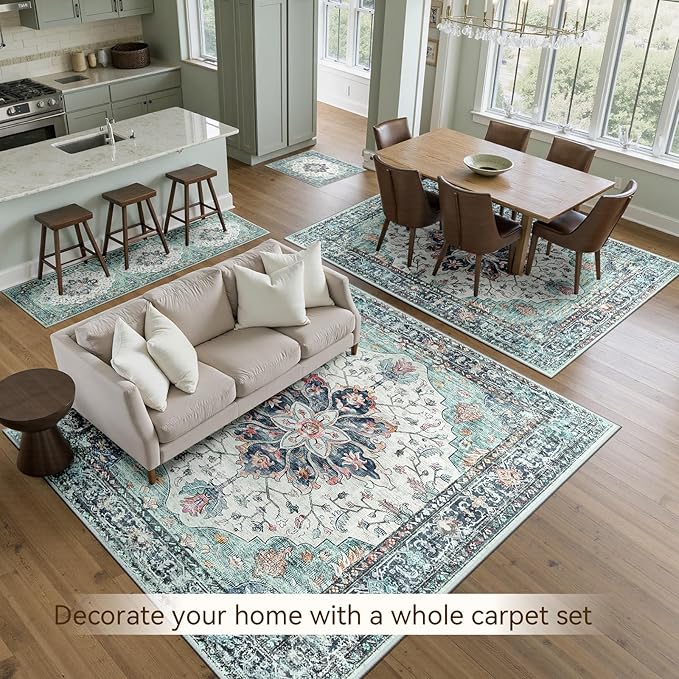 Area Rugs 10'x12' Washable Non-Slip, Floral Vintage Distress Print Pattern Medallion Carpet for Living Room Bedroom Dining Room, Green Navy Blue White Red Teal Colorful