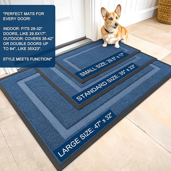 OLANLY Front Door Mat Indoor Outdoor Entrance, Waterproof All-Season, All-Weather Doormat, Sturdy Natural Rubber, Fade Resistant, Low Profile, Easy Clean Patio Porch Entryway Mat, 71x47, Light Blue