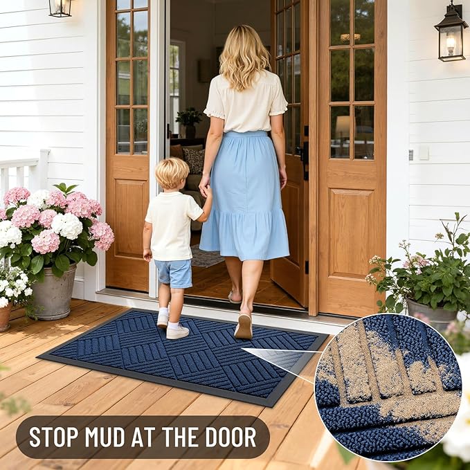 OLANLY Front Door Mat Outside Entrance 59x23, Absorbent, Heavy Duty Sturdy Natural Rubber Doormat Indoor Outdoor, Stain Fade Resistant, Non-Slip Low Profile Floor Mat for Entryway, Navy Blue Diamond