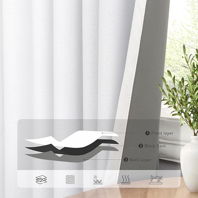 White Linen Complete Blackout Curtains 48 Inch Length for Kids Room 2 Panels Light Blocking Thermal Insulated Cold Reducing Noise Reduction Window Draperies for Bedroom Short Drapes 52 x 48 Long