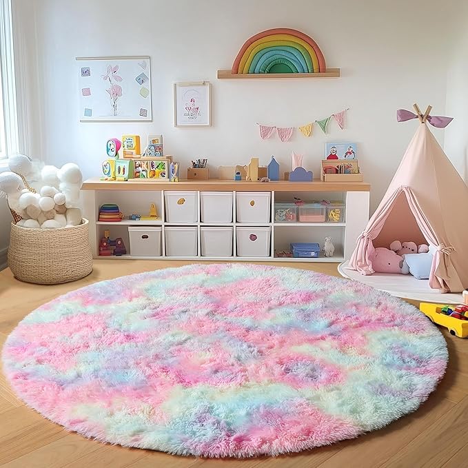 ONASAR Rainbow Round Area Rug 4ft, Soft Bedroom Circle Rugs Mats for Kids Girls Teen Room, Kawaii Fluffy Plush Shaggy Carpet for Baby Nursery Living Room Playroom Home Decor Princess Castle