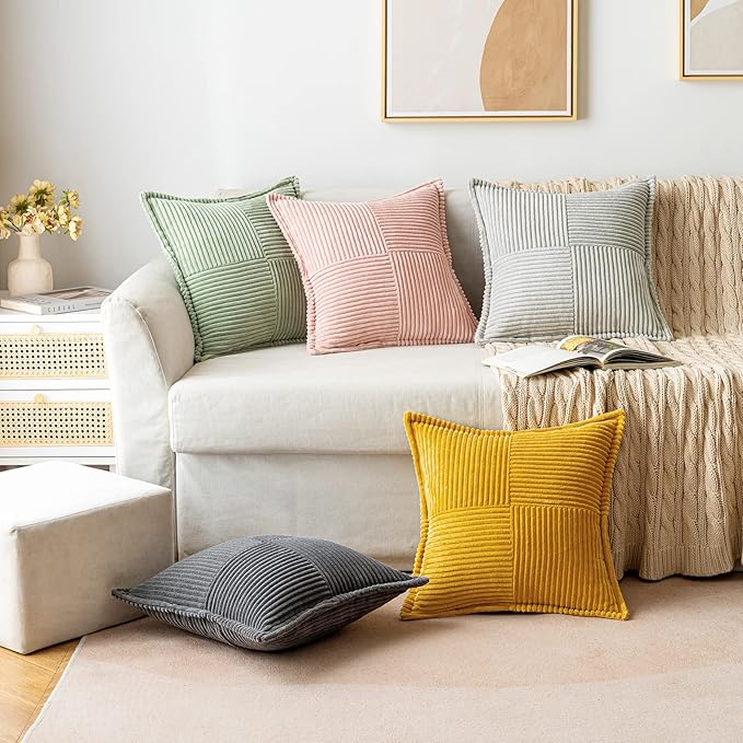 MIULEE Mustard Yellow Corduroy Decorative Euro Sham Pillow Covers 24x24 Inch with Splicing Set of 2 Soft Boho Pillow Covers Broadside Textured Summer Pillowcases for Couch Bed Livingroom
