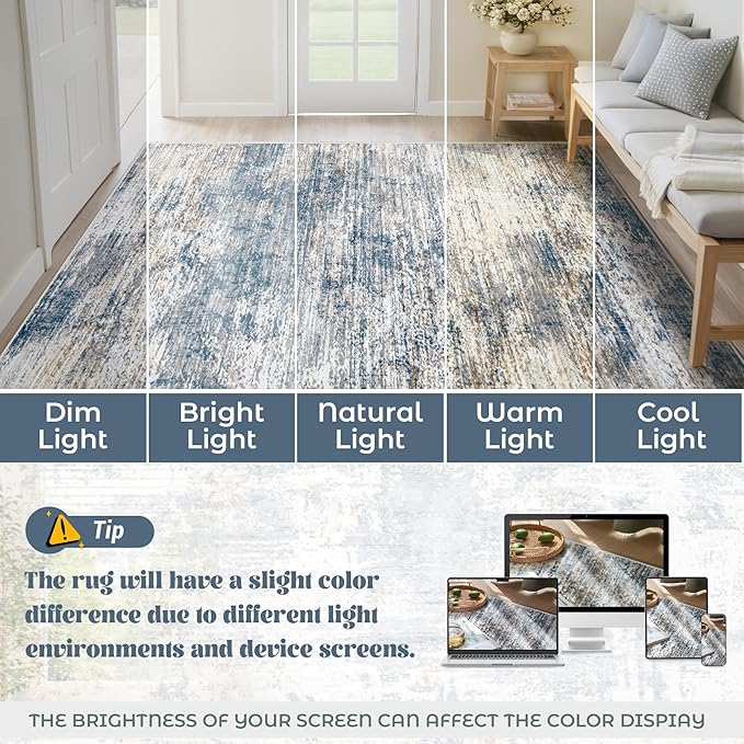 6x9 Area Rugs for Living Room, Washable Modern Abstract Large Area Rug Neutral Soft Non Slip Kids Rug Stain Resistant Indoor Carpet for Bedroom Nursery Dining Room Playroom(BlueWhite, 6'x9')
