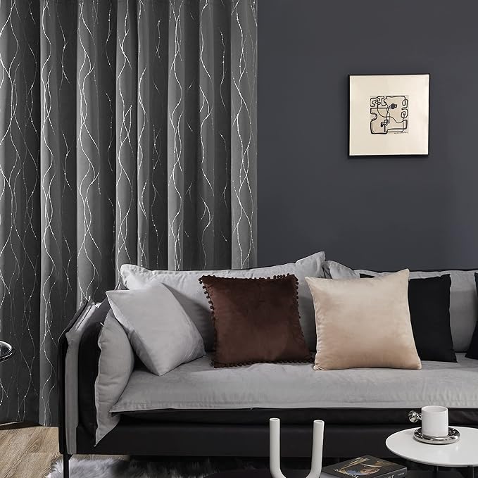 Deconovo Blackout Curtains, Grey Curtain, Thermal Insulated Noise‑Reducing Drape, Wave Line Dot Foil Print, 52 x 45 Inch, 2 Panels, Machine‑Washable Curtain Drapes for Kitchen Nursery Small Window