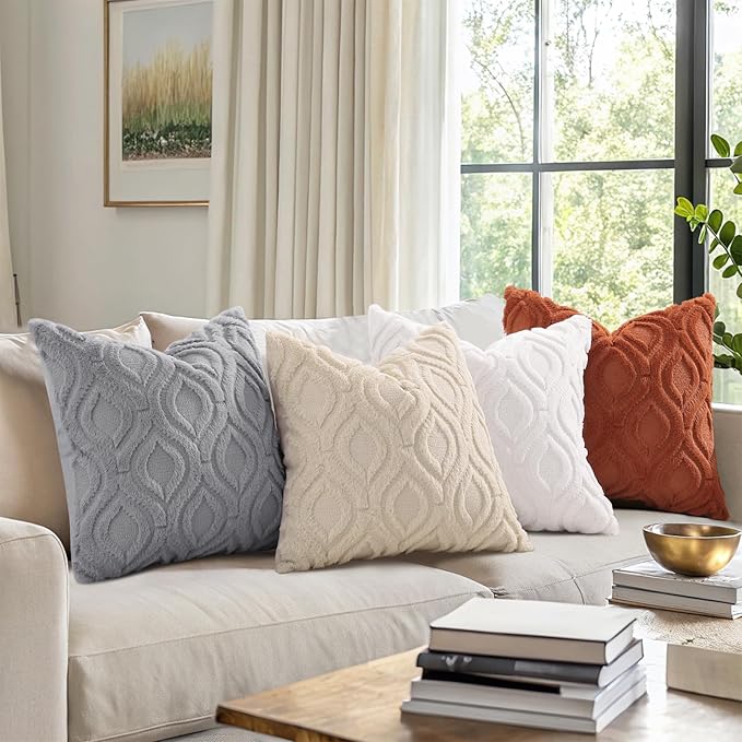 decorUhome Throw Pillow Covers 12x20 Inch Set of 2, Soft Plush Faux Wool Cream White Solid Couch Pillow Covers, Accent Farmhouse Neutral Rectangle Pillow Cases for Sofa Bed Living Room