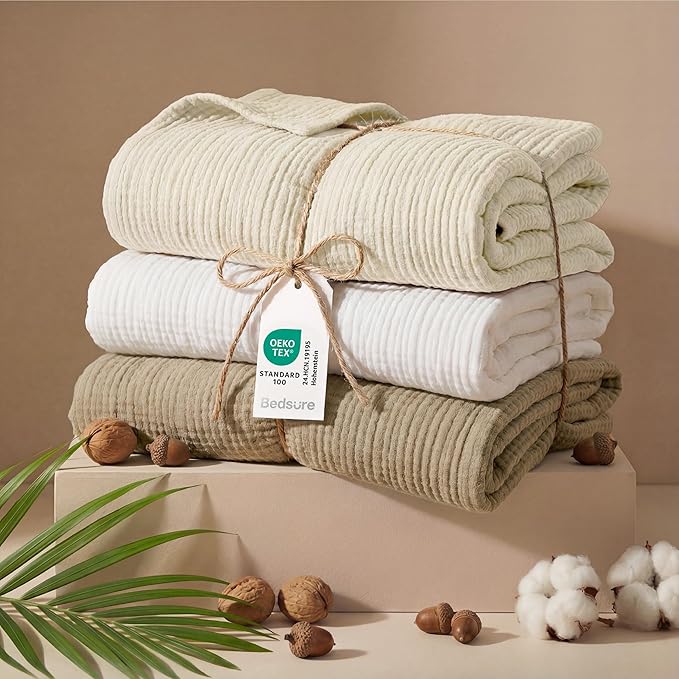 Bedsure 100% Cotton Muslin Throw Blanket Large 50x70 Inches - 4-Layer Breathable and Lightweight Thin Soft Summer Gauze Muslin Blankets for Adults, White, Boho Cotton Throw for Couch