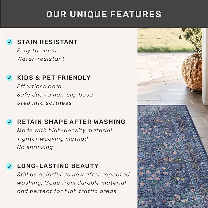 Vintage Dark Blue 3x6 Area Rugs for Large Entryway, Bedroom Beside Rug, Kitchen, Laundry Room, Non-Slip Low Pile Ultra Soft Stain Resistant Small Floral Carpet