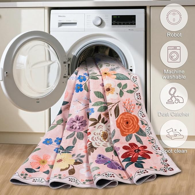 Round Area Rug for Living Room: 4 ft Floral Washable Circle Rug Soft Boho Non-Slip Carpet Indoor Stain Resistant Low Pile Small Circular Rug for Bedroom Entryway Kitchen Nursery Home Office Beige