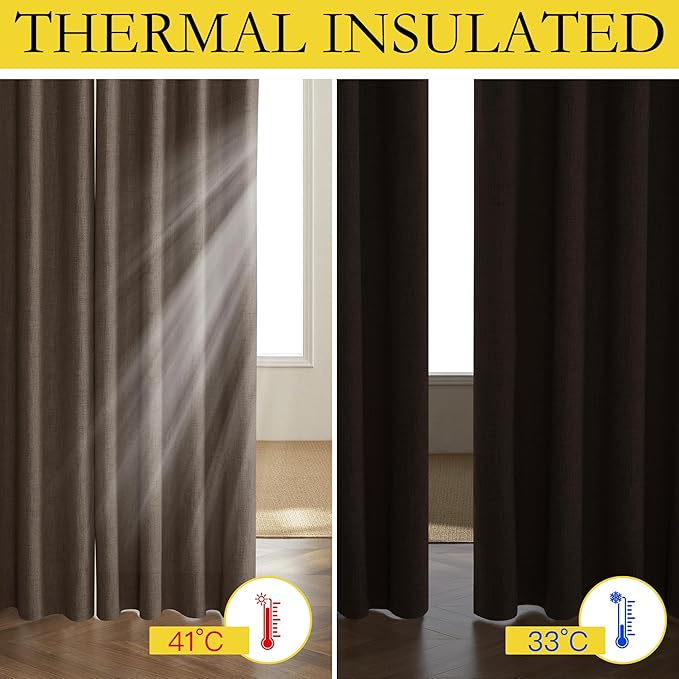 NICETOWN Coffee Vintage Linen 100% Blackout Curtains for Living Room, Thermal Insulated Curtains 84" Long, Noise Reducing Window Treatment Drapes for Hall Room, 42" Wide Per Panel, Set of 2