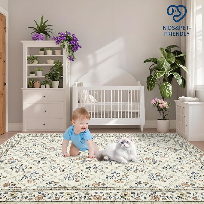 Floral Washable Entryway Rug Non-Slip 2x3 Front Door Mat Vintage Low-Pile Small Area Rugs Soft Non-Slip Indoor Stain Resistant Entry Mat for Entrance Bedroom Bathroom Beige