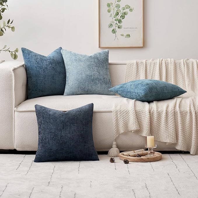 MIULEE Pack of 2 Euro Sham Pillow Covers 24x24 Inch Coastal Smoke Blue Modern Boho Accent Decorative Throw Pillow Covers Chenille Farmhouse Cushion Covers for Home Decor Couch Bed Sofa Living Room
