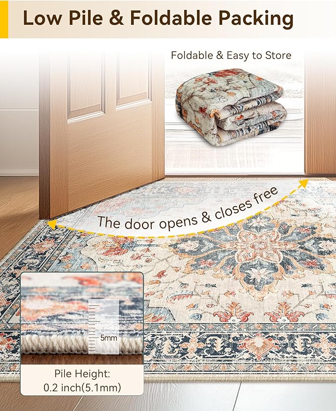 Area Rugs 7'x9' Washable Non-Slip, Floral Vintage Distress Print Pattern Medallion Carpet for Living Room Bedroom Dining Room, Beige Navy Blue Orange Colorful