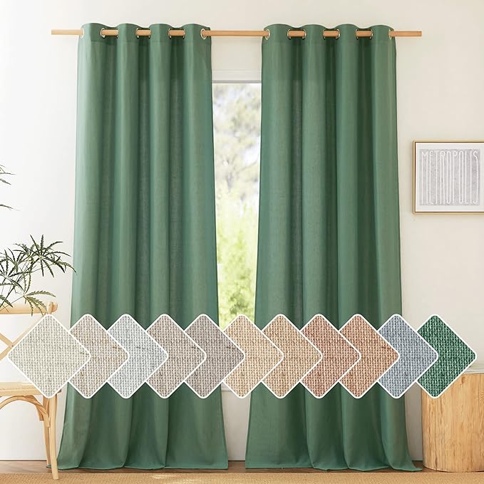 NICETOWN Flax Linen Olive Green Curtains 108 inches Long, Grommet Privacy Semi Sheer Privacy Added with Light Filtering Window Treatment for Bedroom/Living Room, W55 x L108, 2 Panels