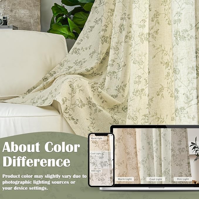 Lazzzy 90 inch Long Curtain for Bedroom Green Floral Linen Drapes for Living Room Farmhouse Country Vintage Light Filtering Curtains Rod Pocket Back Tab, 2 Panels, Green on Beige