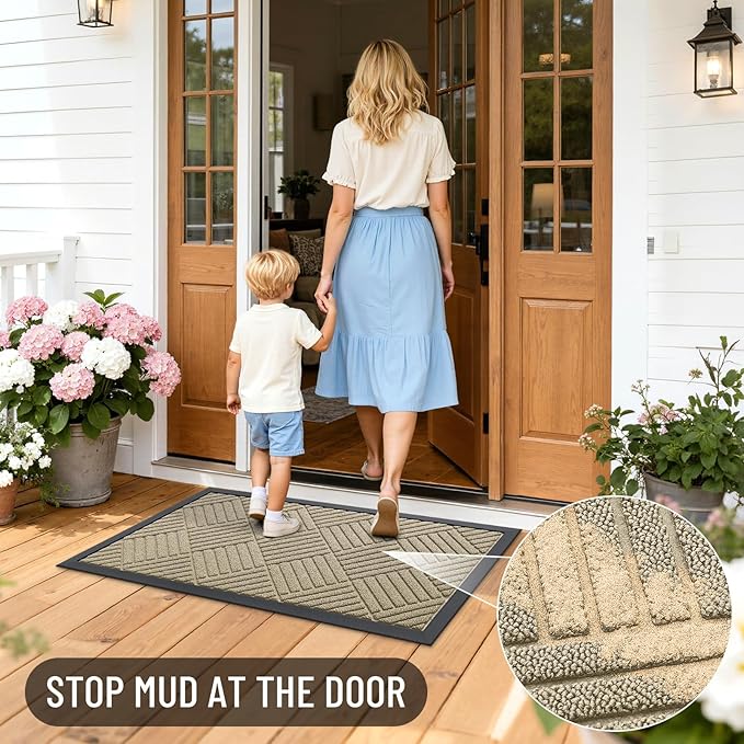 OLANLY Front Door Mat Outside Entrance 29.5x17, Absorbent, Heavy Duty Sturdy Natural Rubber Doormat Indoor Outdoor, Stain and Fade Resistant, Non-Slip Low Profile Floor Mat for Entryway, Beige Diamond