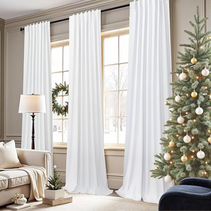 White Linen Textured Blackout Curtains 94 Inches Long 2 Panels Burg Coastal Bohemian Floor Length Curtains for Patio Door Dorm Back Tab Pleated Curtain for Living Room Divider Bedroom Window Treatment