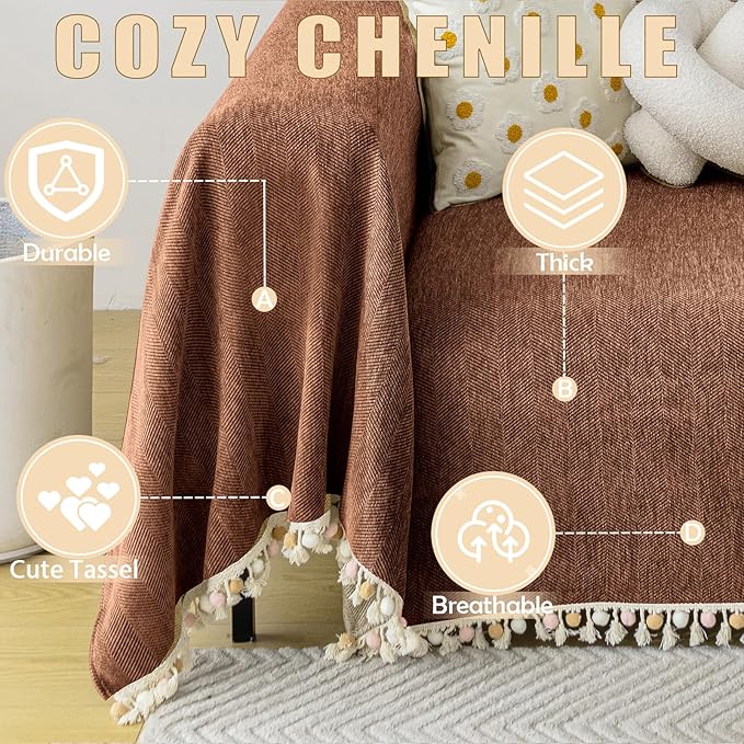 HANDONTIME Boho Style Sofa Cover with Tassels, Washable & Non-Slip Couch Cover for 3 Cushion Sofa, Herringbone Pattern Pet-Friendly Sofa Slipcover, Chocolate Color, 71"x118", Living Room Decor