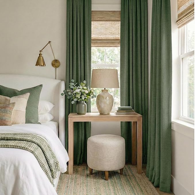 RYB HOME Olive Green 100% Blackout Linen Curtains 90 inches Long, Luxury Thermal Insulated Room Darkening Drapes for Living Room/Bedroom/Sliding Doors, Back Tab&Rod Pocket, W52xL90, 2 Panels