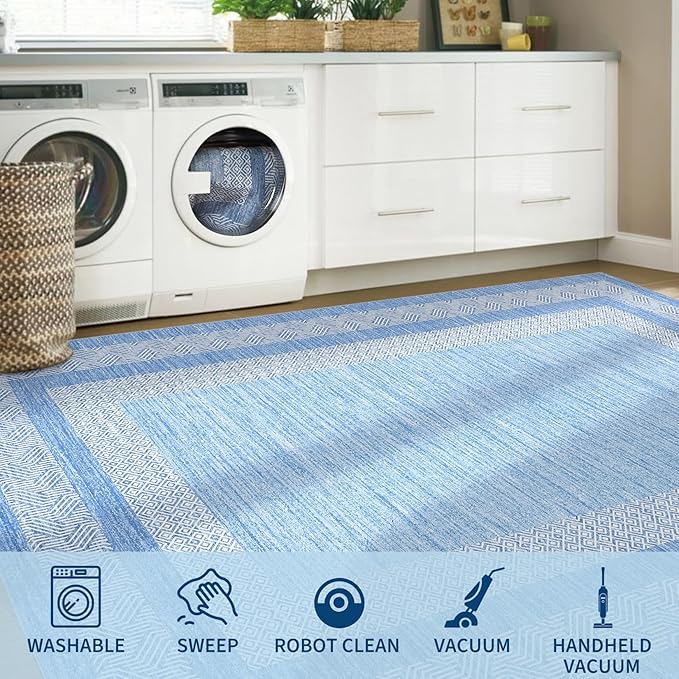 GarveeHome Modern Geometric Area Rug 2x3 Distressed Bordered Washable Non Slip Floor Small Carpet Non Shedding Thin Soft Low Pile Rug, Contemporary Gray Rug for Dining Room, Living Room Light Blue